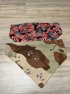 Lot of 2 Extra Large Handmade Elastic Neck Patriotic Flag & Camo Dog Bandana -